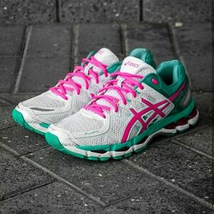 ASICS Women's Gel Kayano 21 Athletic Shoes White, Barbie Pink, and Teal Sz 6.5